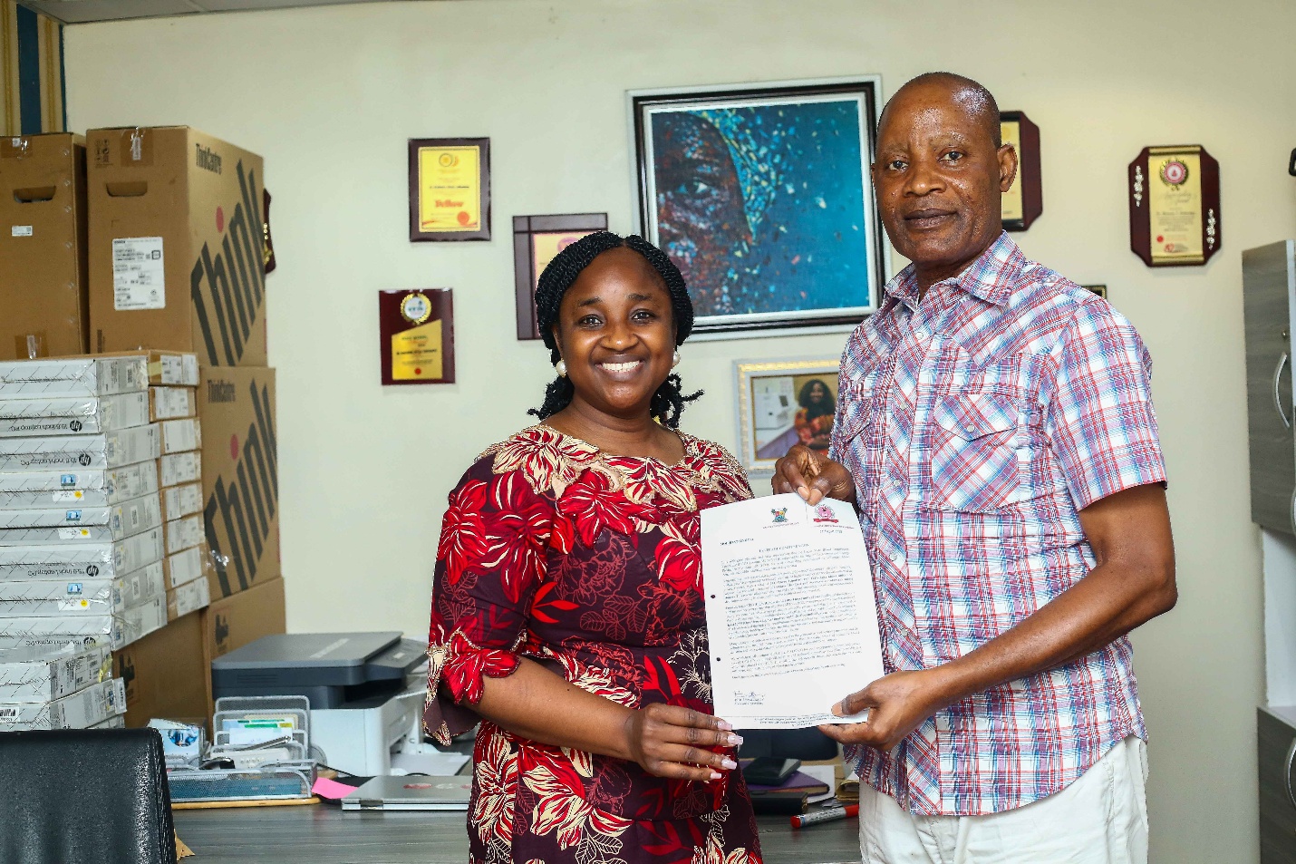 L-R: Executive Secretary, Lagos State Blood Transfusion Committee (LSBTC) Dr B.I. Osikomaiya with Chief General Manager HR & IR (SEEPCO) on Courtesy Visit by Sterling Oil Donor Club at LSBTC Office, Gbagada General Hospital in Lagos, Nigeria